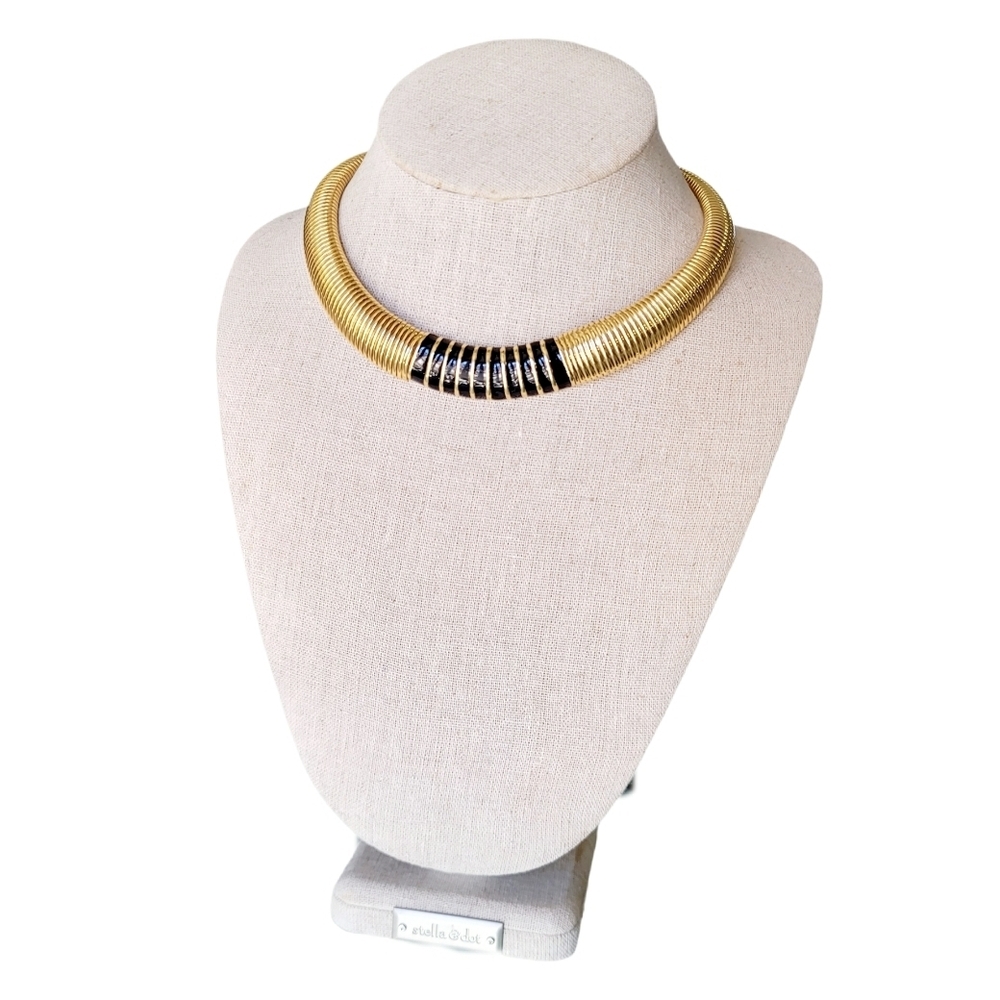 Black Enamel and Gold Tone Wide Omega Chain Collar necklace